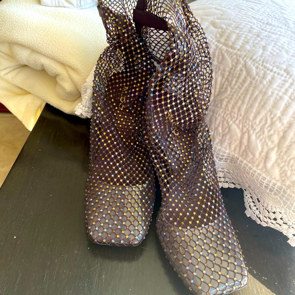 Booties with multi color crystals.